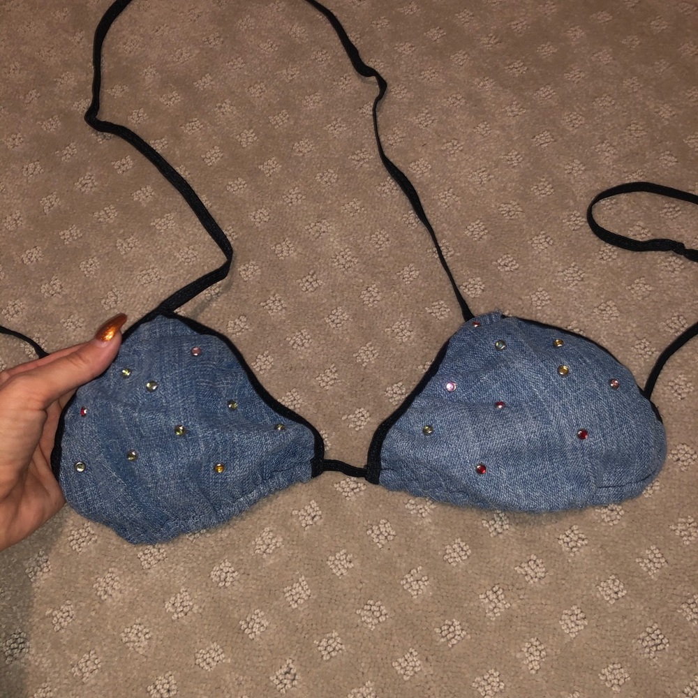 Jean material top with multi color rhinestones
